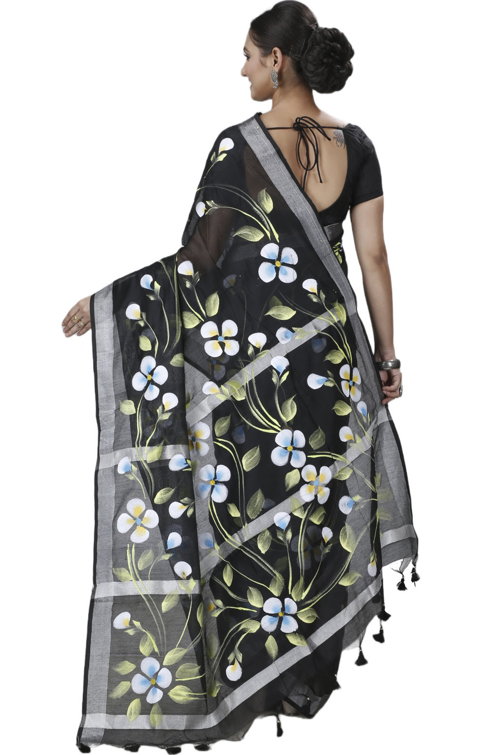 Black Blended Cotton Tonika Hand Painted Saree (1217)